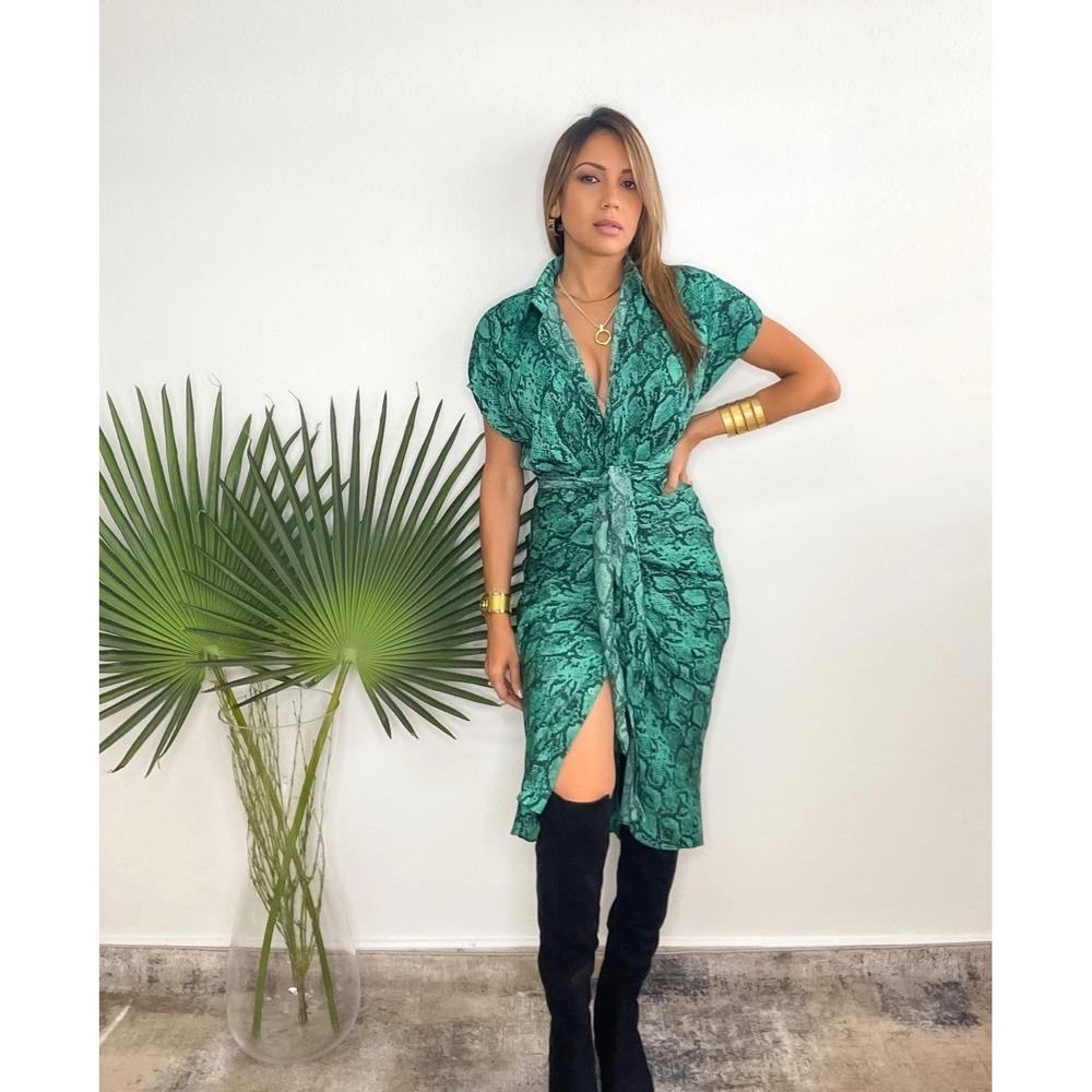 DO+BE Emerald Venom Tie-Waist Midi Dress Women's Small Snake Print Cap Sleeve - Picture 2 of 12